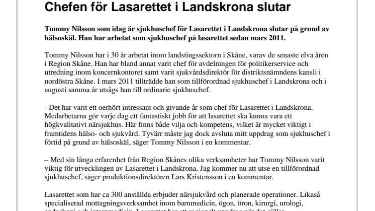 Chefen för Lasarettet i Landskrona slutar 