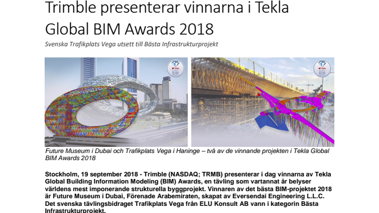 Trimble presenterar vinnarna i Tekla Global BIM Awards 2018 – Svenska Trafikplats Vega utsett till Bästa Infrastrukturprojekt