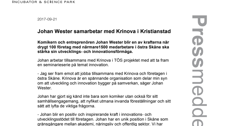 Johan Wester samarbetar med Krinova i Kristianstad