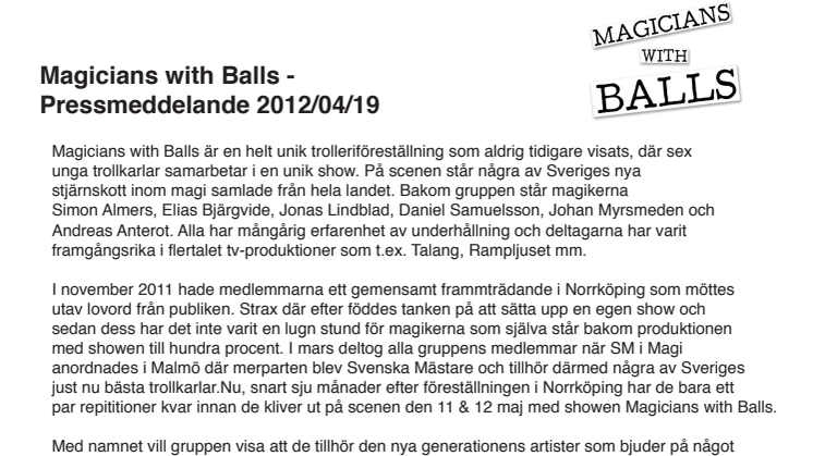 Magicians with Balls - Pressmeddelande 2012/04/19