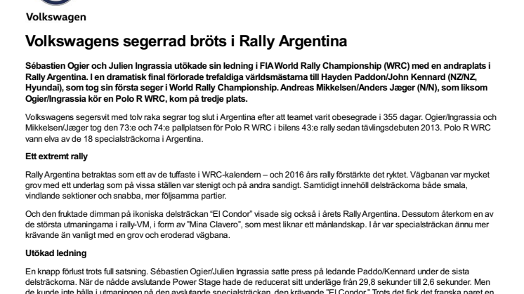 Volkswagens segerrad bröts i Rally Argentina