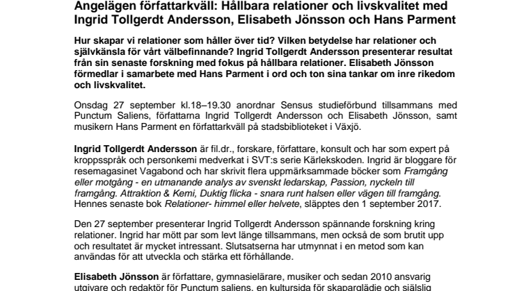 Angelägen författarkväll 27 september: Hållbara relationer och livskvalitet med Ingrid Tollgerdt Andersson, Elisabeth Jönsson och Hans Parment