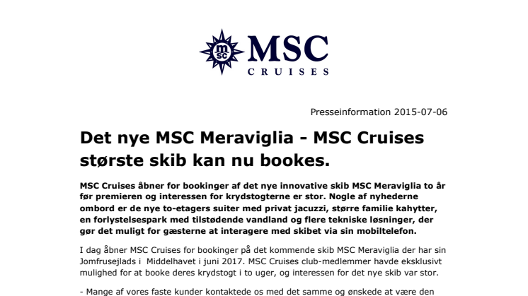 Det nye MSC Meraviglia - MSC Cruises største skib kan nu bookes