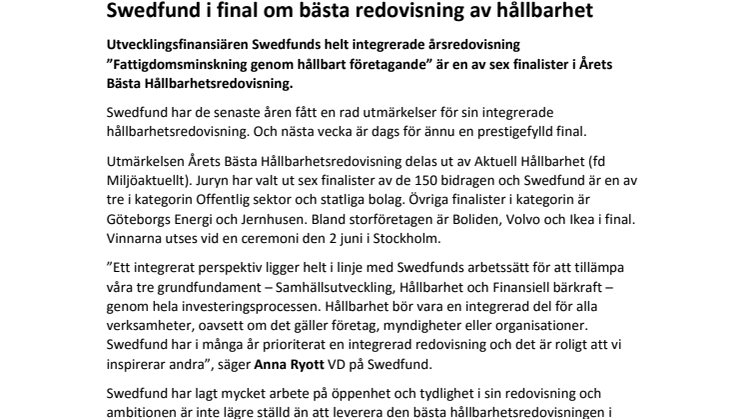 Swedfund i final om bästa redovisning av hållbarhet