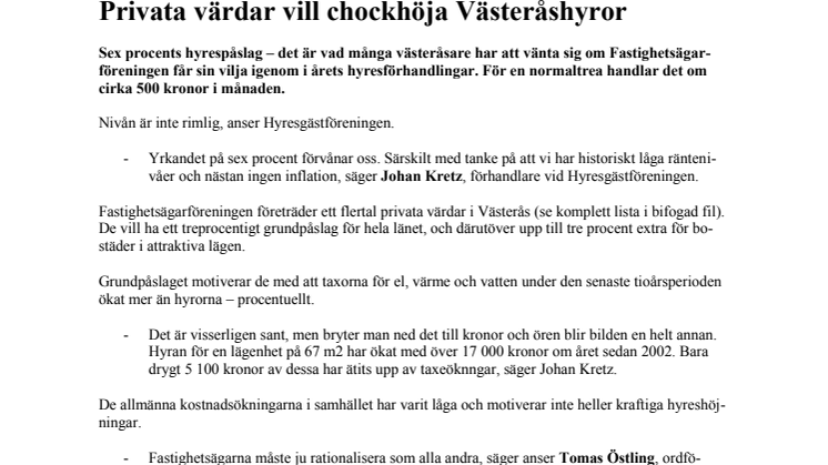 Privata värdar vill chockhöja Västeråshyror