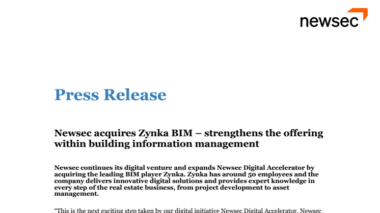 Newsec förvärvar Zynka BIM – stärker erbjudandet inom digitala byggnader
