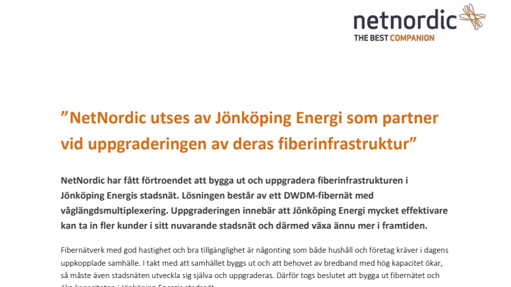 NetNordic utses av Jönköping Energi som partner vid uppgraderingen av deras fiberinfrastruktur