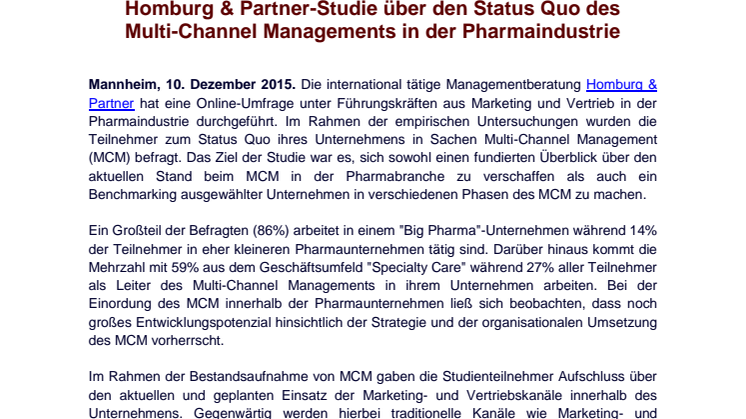 Homburg & Partner-Studie über den Status Quo des Multi-Channel Managements in der Pharmaindustrie