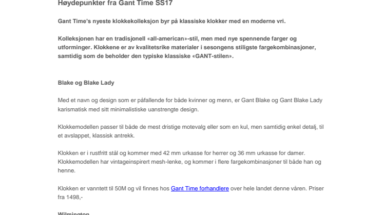 ​Nyheter fra Gant Time SS17