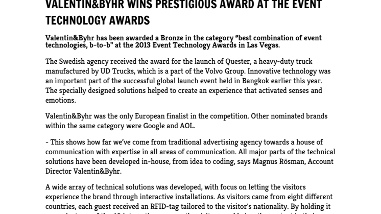 Valentin&Byhr wins prestigious award at the event technology awards 