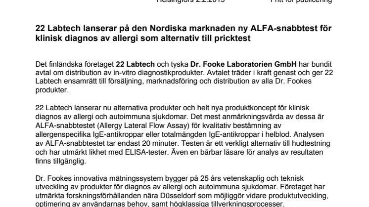 22 Labtech lanserar på den Nordiska marknaden ny ALFA-snabbtest för klinisk diagnos av allergi som alternativ till pricktest