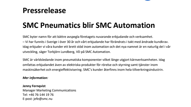 SMC Pneumatics blir SMC Automation