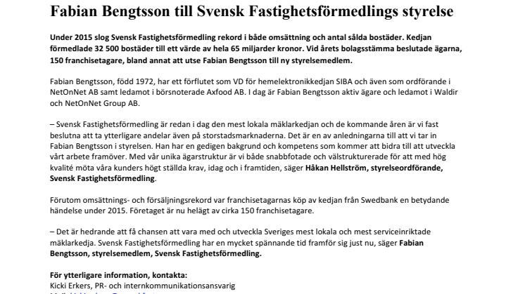 Fabian Bengtsson till Svensk Fastighetsförmedlings styrelse 