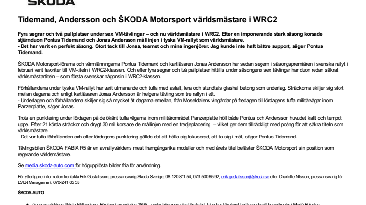 Tidemand, Andersson och ŠKODA Motorsport världsmästare i WRC2