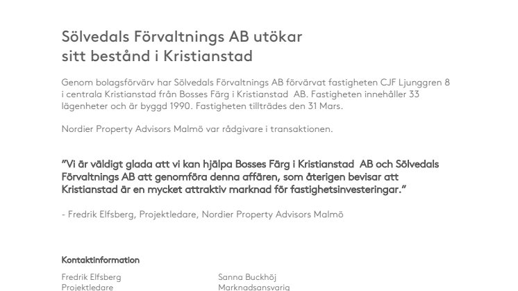 Sölvedals Förvaltnings AB utökar  sitt bestånd i Kristianstad