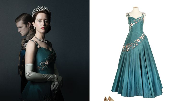 Claire Foy (as The Queen): Full-length teal ballgown, featured in the promotional poster, and pale gold satin pointed heels. Season 2 Episode 1 and Episode 4. Estimate: £3,000-5,000