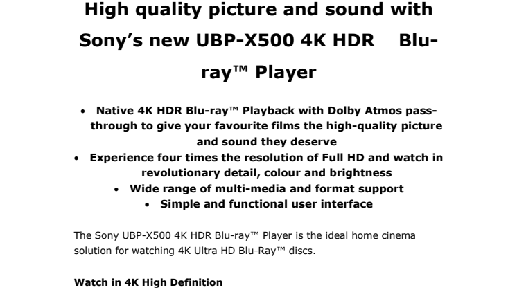 Sony lanserer ny 4K HDR Blu-ray™-spiller med støtte for Dolby Atmos