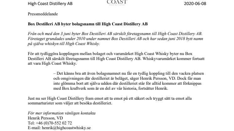 Box Destilleri AB byter bolagsnamn till High Coast Distillery AB