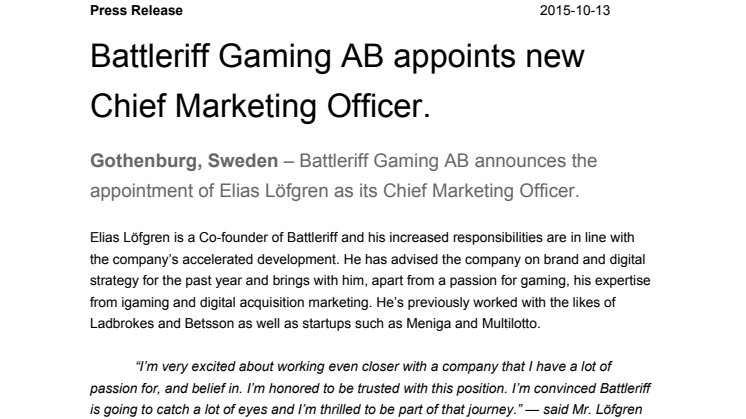 Battleriff Gaming AB appoints new Chief Marketing Officer.
