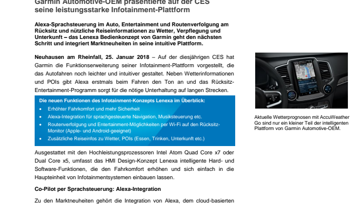 Garmin Automotive-OEM präsentierte auf der CES seine leistungsstarke Infotainment-Plattform