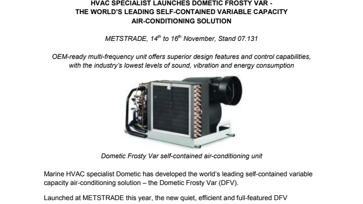 HVAC Specialist Launches Dometic Frosty Var -  The World’s Leading Self-Contained Variable Capacity Air-Conditioning Solution
