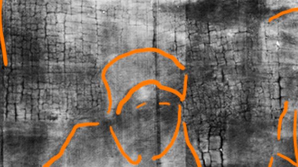 Bowes Museum panel Xray marked close up of figure (possibly shepherd) (photo credit Northumbria University and The Bowes Museum)