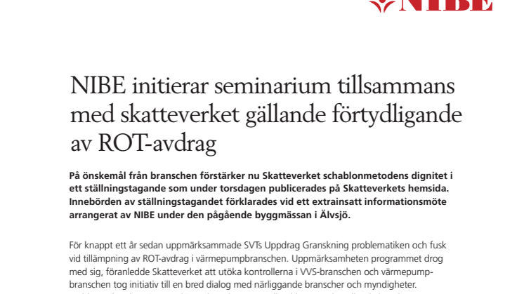 NIBE initierar seminarium tillsammans med skatteverket gällande förtydligande av ROT-avdrag