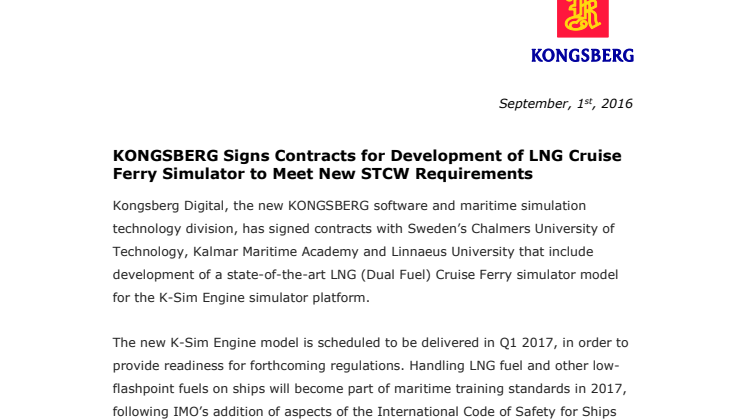 Kongsberg Digital: KONGSBERG Signs Contracts for Development of LNG Cruise Ferry Simulator to Meet New STCW Requirements