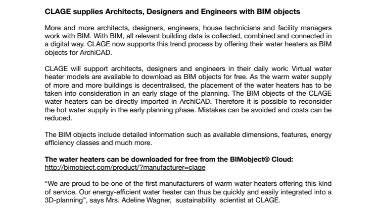 CLAGE supplies Architects, Designers and Engineers with BIM objects