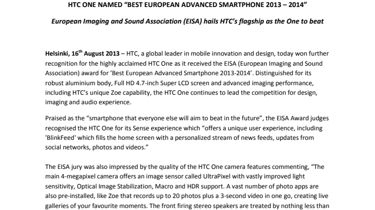 HTC ONE NAMED “BEST EUROPEAN ADVANCED SMARTPHONE 2013 – 2014”