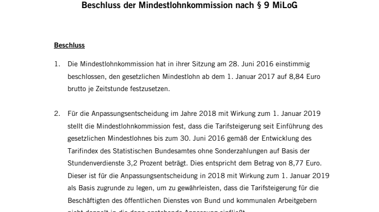 Mindestlohn-Kommission beschließt neuen Mindestlohn ab 01.01.2017