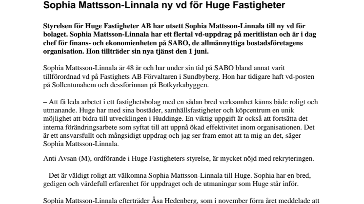 Sophia Mattsson-Linnala ny vd för Huge Fastigheter