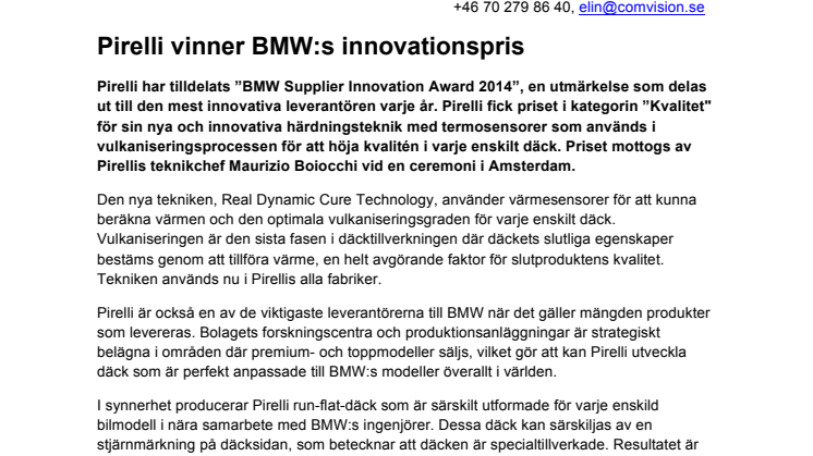 Pirelli vinner BMW:s innovationspris