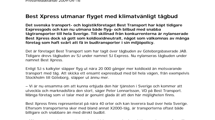 Best Xpress utmanar flyget med klimatvänligt tågbud