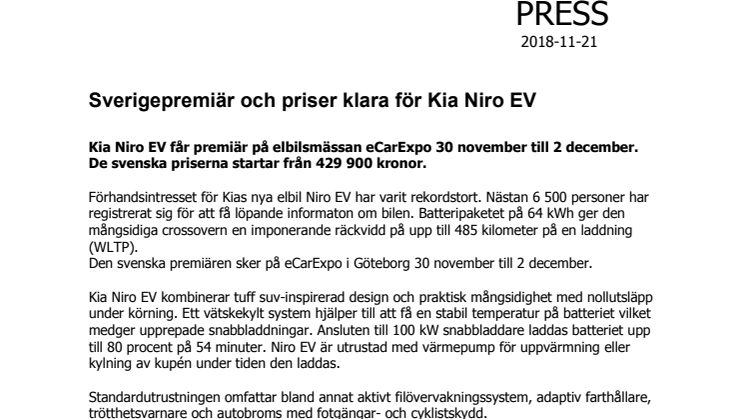 Sverigepremiär och priser klara för Kia Niro EV