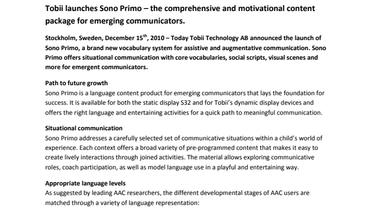 Tobii launches Sono Primo – the comprehensive and motivational content package for emerging communicators.