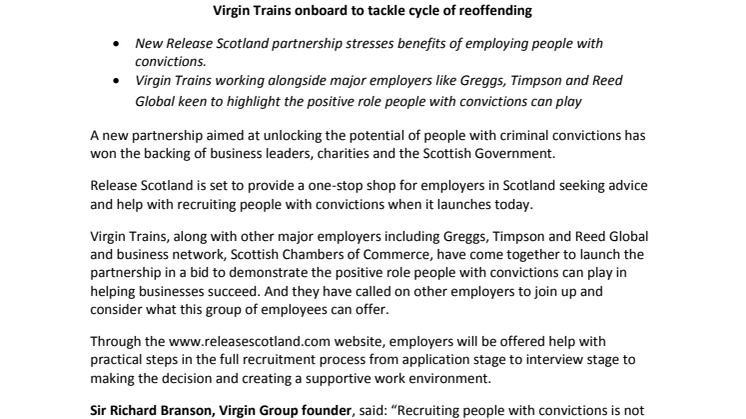 Virgin Trains onboard to tackle cycle of reoffending 