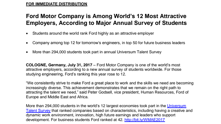 Ford Motor Company is Among World’s 12 Most Attractive Employers, According to Major Annual Survey of Students