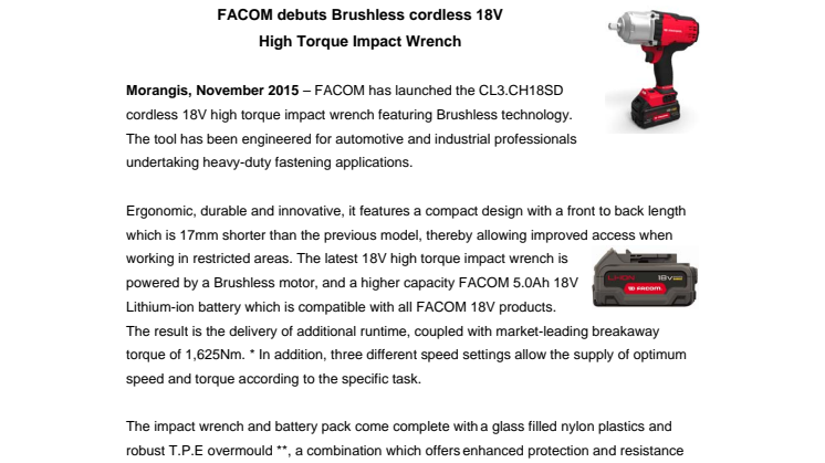 FACOM debuts Brushless cordless 18V  High Torque Impact Wrench