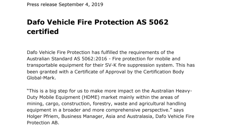 Dafo Vehicle Fire Protection AS 5062 certified