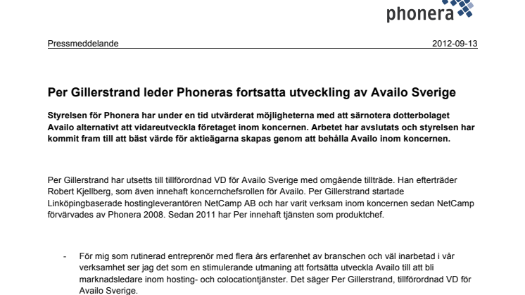 Per Gillerstrand leder Phoneras fortsatta utveckling av Availo Sverige