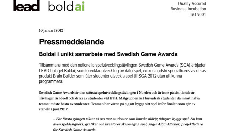 Boldai i unikt samarbete med Swedish Game Awards