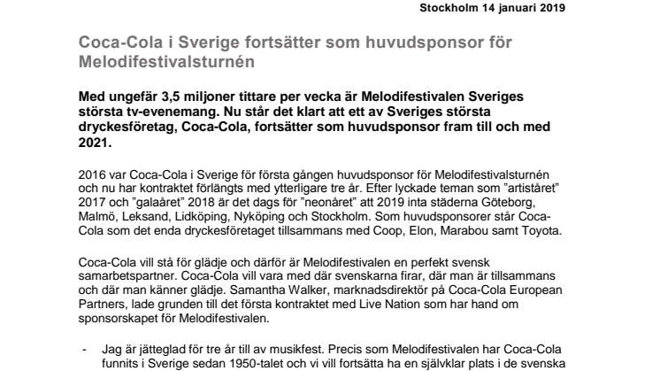 Coca-Cola i Sverige fortsätter som huvudsponsor för Melodifestivalsturnén