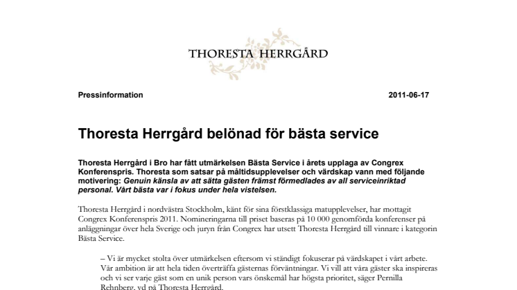 Thoresta Herrgård belönad för bästa service