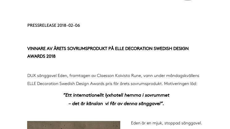 VINNARE AV ÅRETS SOVRUMSPRODUKT PÅ ELLE DECORATION SWEDISH DESIGN AWARDS 2018