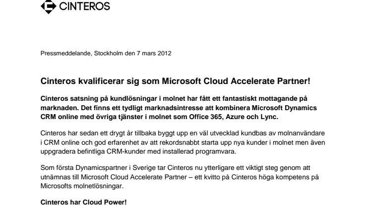 Cinteros kvalificerar sig som Microsoft Cloud Accelerate Partner! 