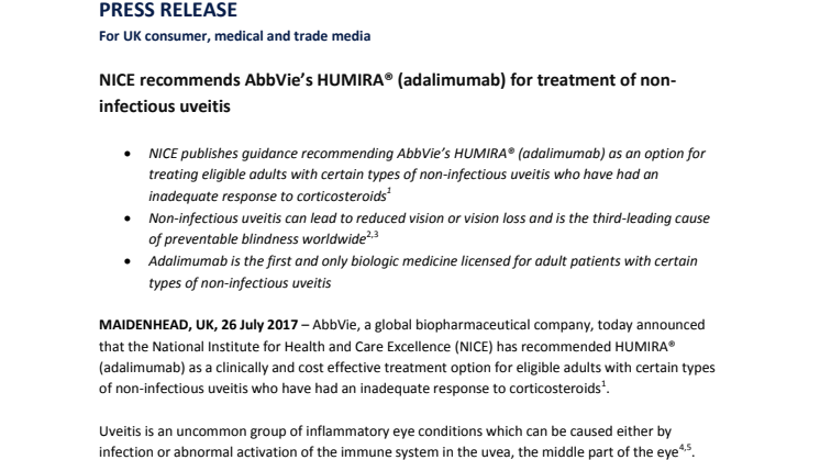 NICE recommends AbbVie’s HUMIRA® (adalimumab) for treatment of non-infectious uveitis