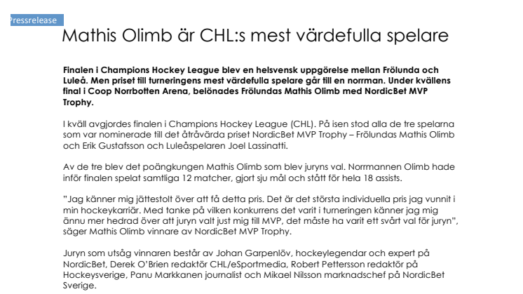 Mathis Olimb är CHL:s mest värdefulla spelare