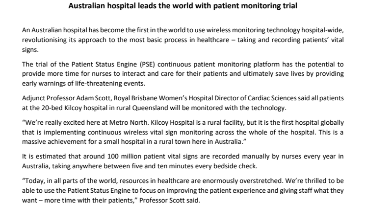Australian hospital leads the world with patient monitoring trial