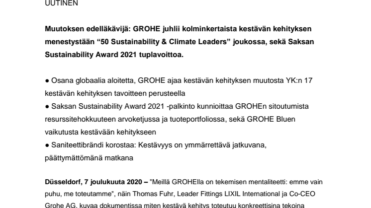 Muutoksen edelläkävijä: GROHE juhlii kolminkertaista kestävän kehityksen menestystään “50 Sustainability & Climate Leaders” joukossa, sekä Saksan Sustainability Award 2021 tuplavoittoa